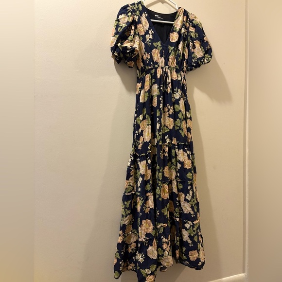 Yumi Kim Blue with Cream florals puff sleeve  Tiered Maxi Dress - size small - Picture 1 of 7